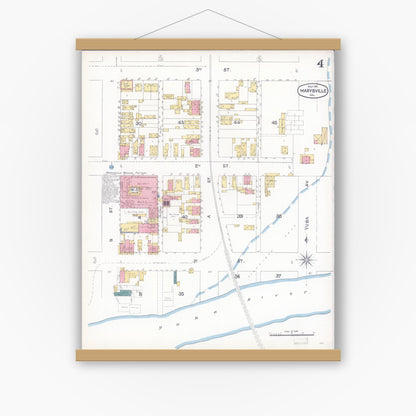 Old map wall art mockup — magnetic wood frame on white wall — Sanborn Fire Insurance Map from Marysville, Yuba County, California (1895), Sheet #0004