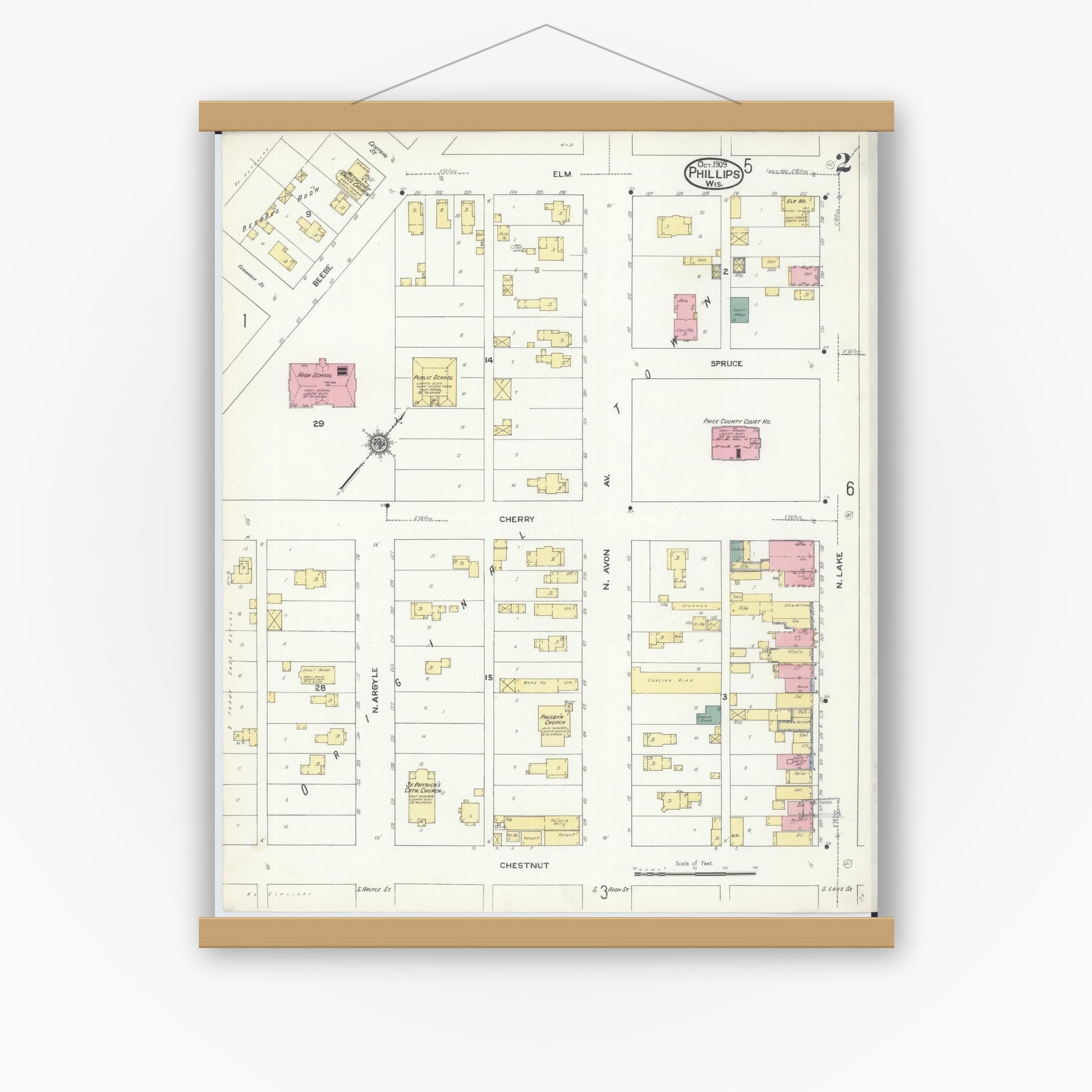 Old map wall art mockup — magnetic wood frame on white wall — Sanborn Fire Insurance Map from Phillips, Price County, Wisconsin (1909), Sheet #0002