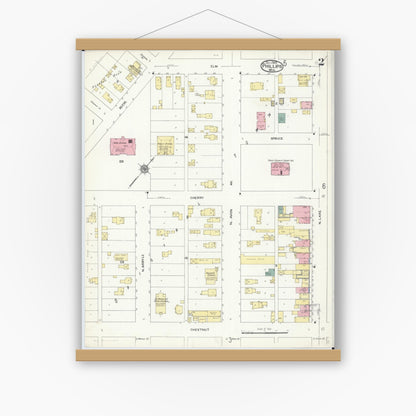 Old map wall art mockup — magnetic wood frame on white wall — Sanborn Fire Insurance Map from Phillips, Price County, Wisconsin (1909), Sheet #0002