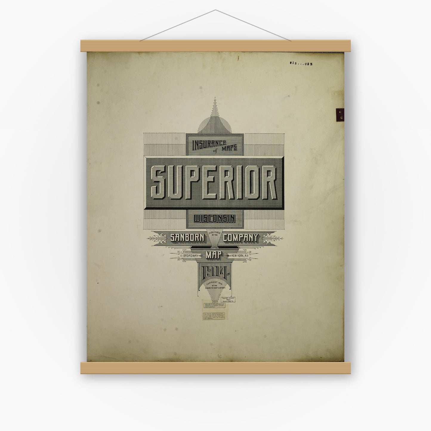 Old map wall art mockup — magnetic wood frame on white wall — Sanborn Fire Insurance Map from Superior, Douglas County, Wisconsin (1949), Sheet #0001