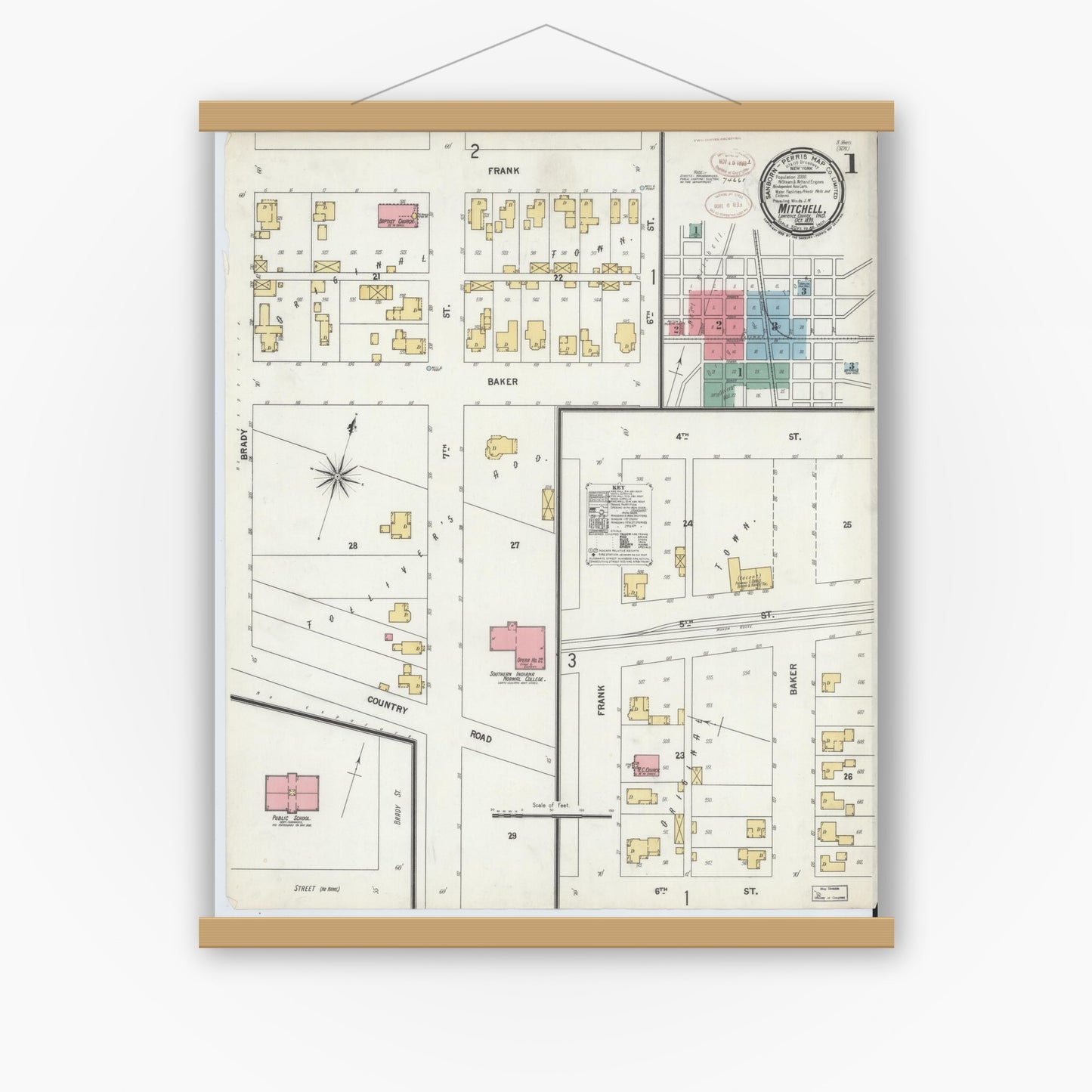 Old map wall art mockup — magnetic wood frame on white wall — Sanborn Fire Insurance Map from Mitchell, Lawrence County, Indiana (1899) - Complete Map Set