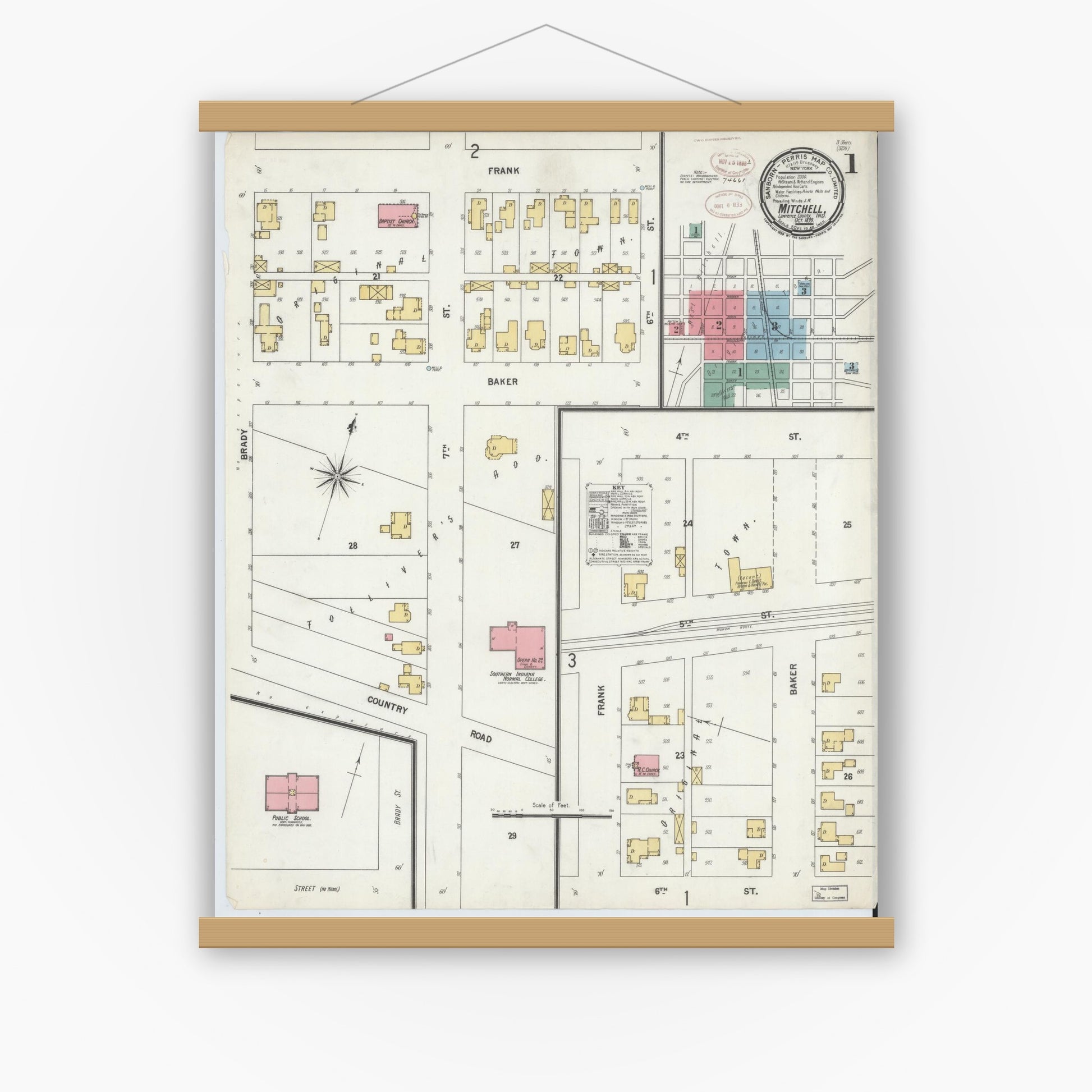 Old map wall art mockup — magnetic wood frame on white wall — Sanborn Fire Insurance Map from Mitchell, Lawrence County, Indiana (1899) - Complete Map Set