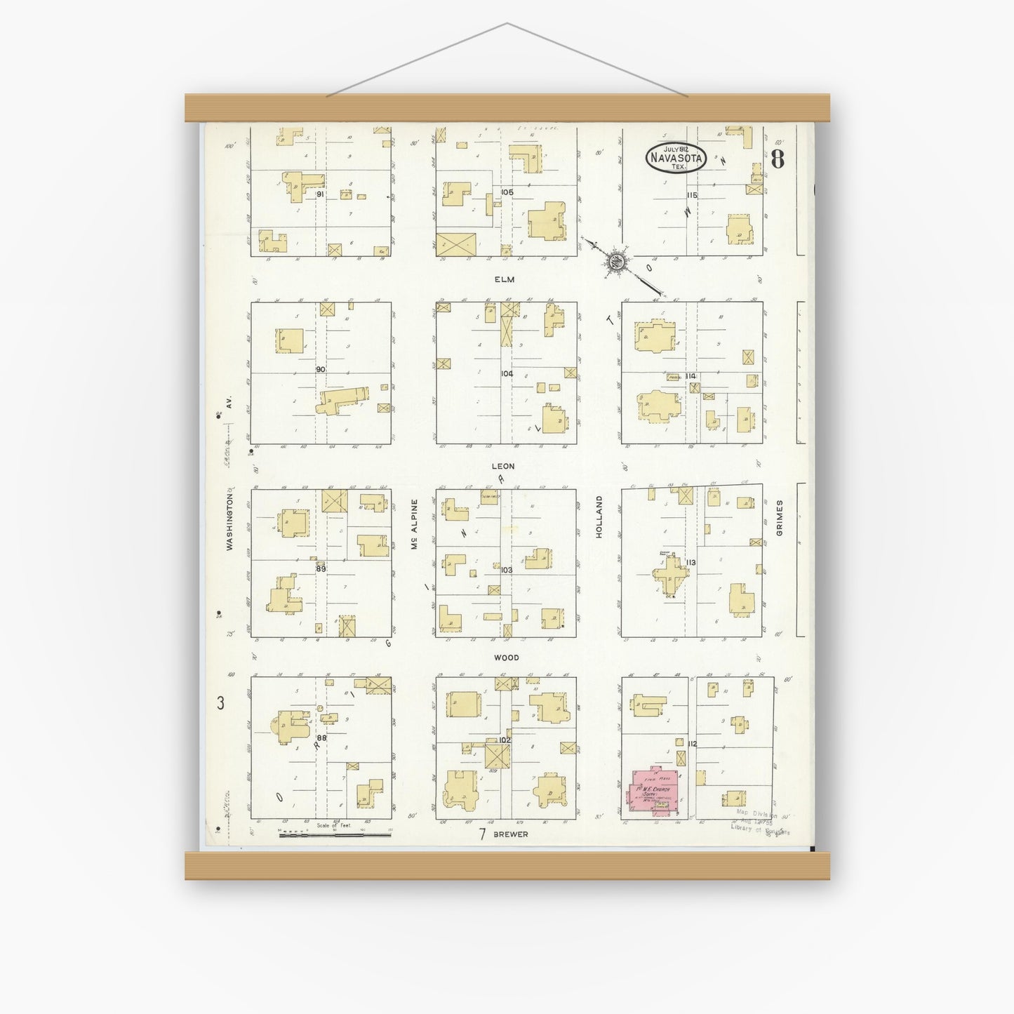 Old map wall art mockup — magnetic wood frame on white wall — Sanborn Fire Insurance Map from Navasota, Grimes County, Texas (1912), Sheet #0008