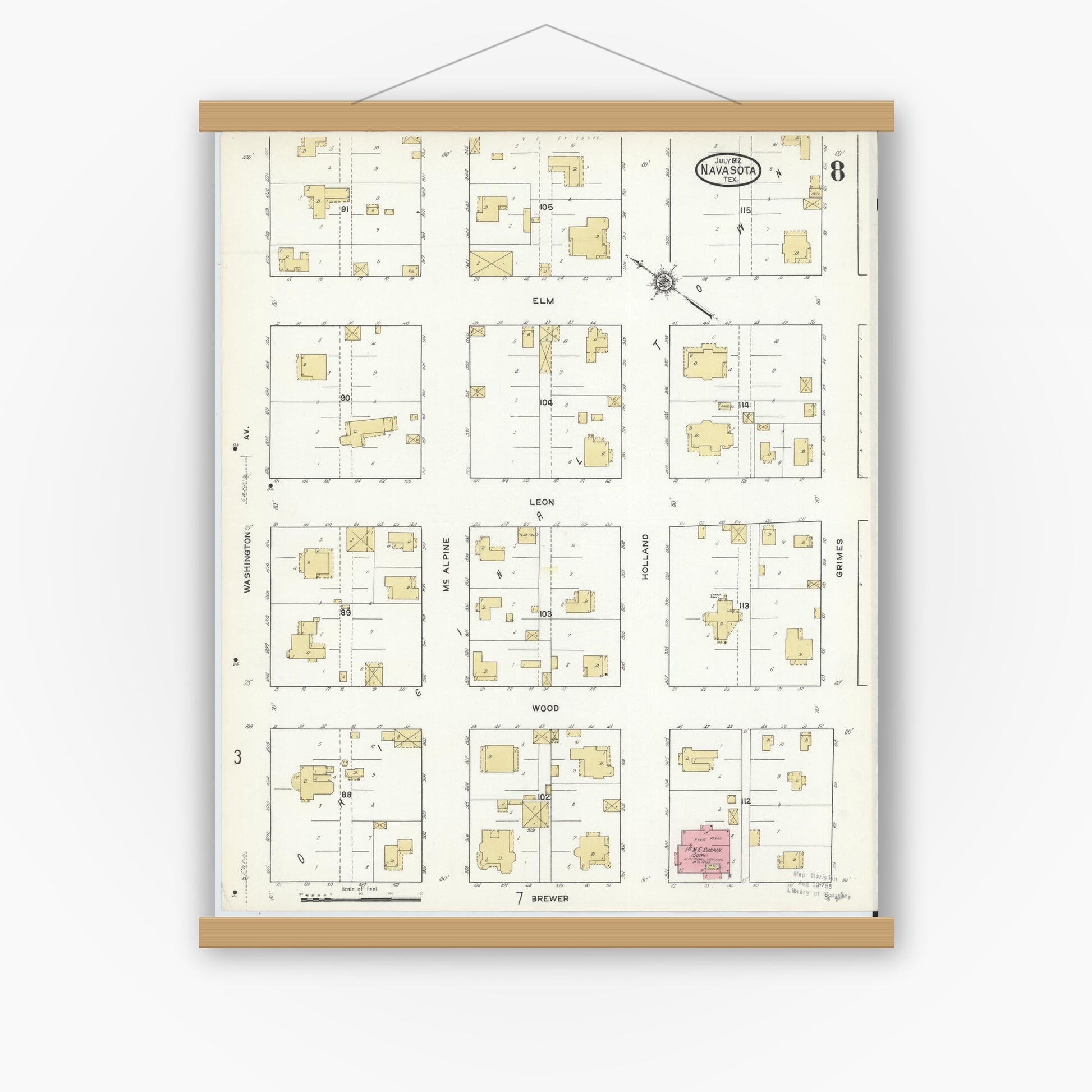 Old map wall art mockup — magnetic wood frame on white wall — Sanborn Fire Insurance Map from Navasota, Grimes County, Texas (1912), Sheet #0008