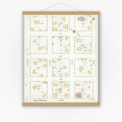 Old map wall art mockup — magnetic wood frame on white wall — Sanborn Fire Insurance Map from Navasota, Grimes County, Texas (1912), Sheet #0008