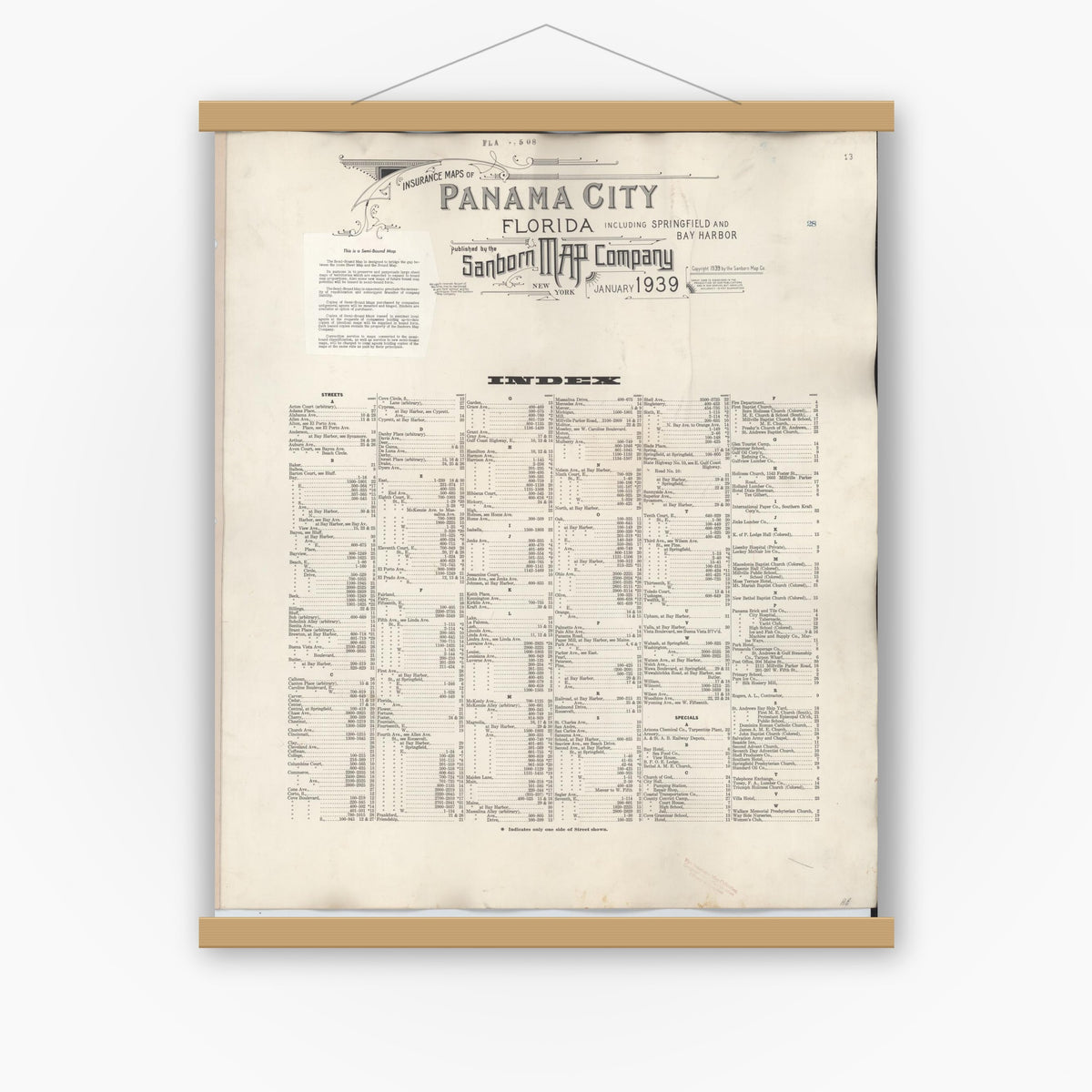Old map wall art mockup — magnetic wood frame on white wall — Sanborn Fire Insurance Map from Panama City, Bay County, Florida (1950), Sheet #0001