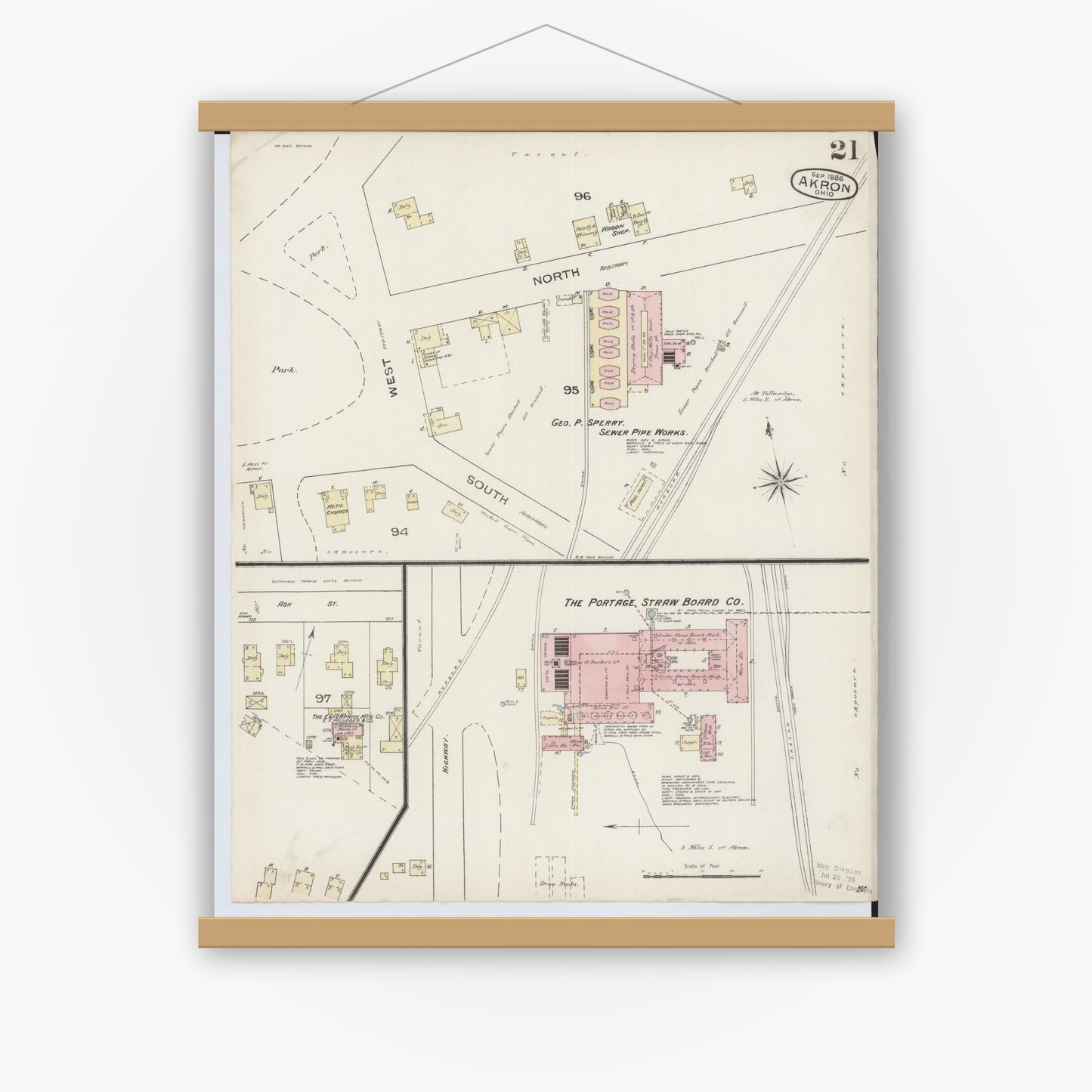 Old map wall art mockup — magnetic wood frame on white wall — Sanborn Fire Insurance Map from Akron, Summit County, Ohio (1886), Sheet #0021