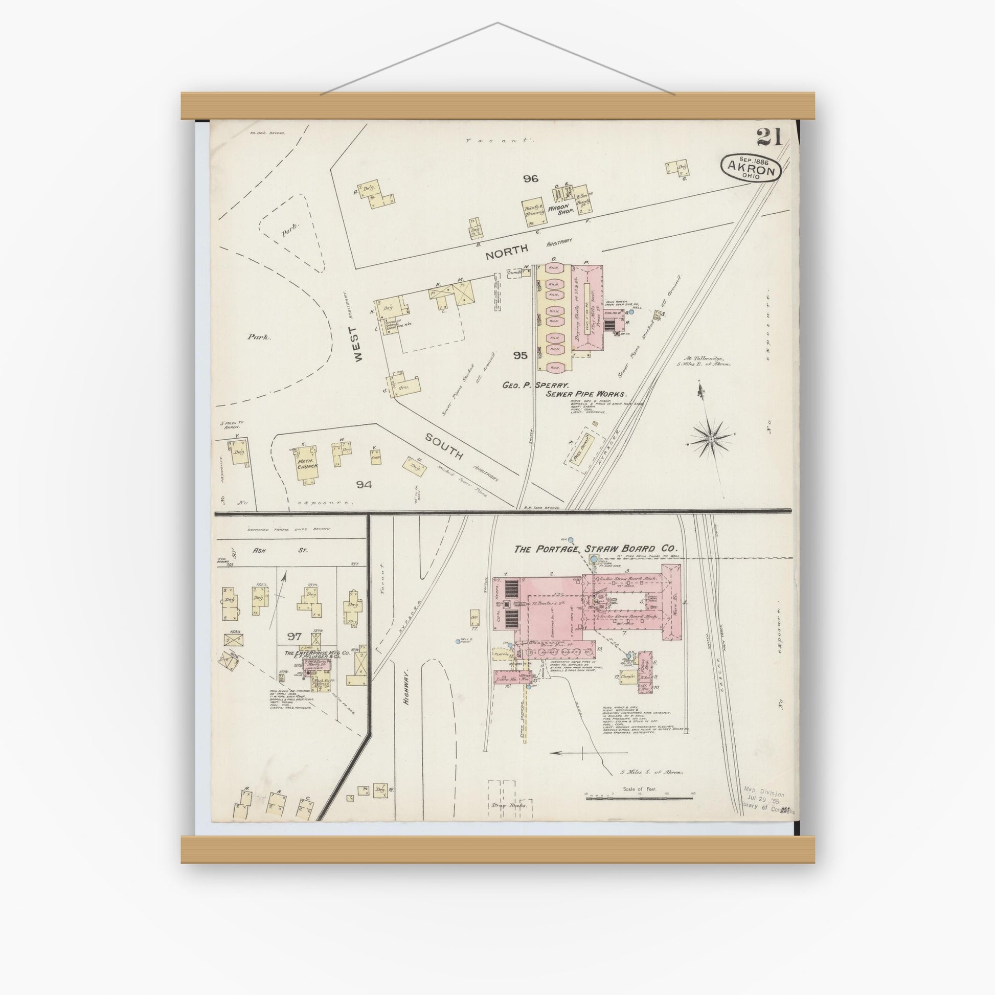 Old map wall art mockup — magnetic wood frame on white wall — Sanborn Fire Insurance Map from Akron, Summit County, Ohio (1886), Sheet #0021