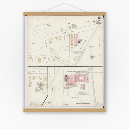 Old map wall art mockup — magnetic wood frame on white wall — Sanborn Fire Insurance Map from Akron, Summit County, Ohio (1886), Sheet #0021