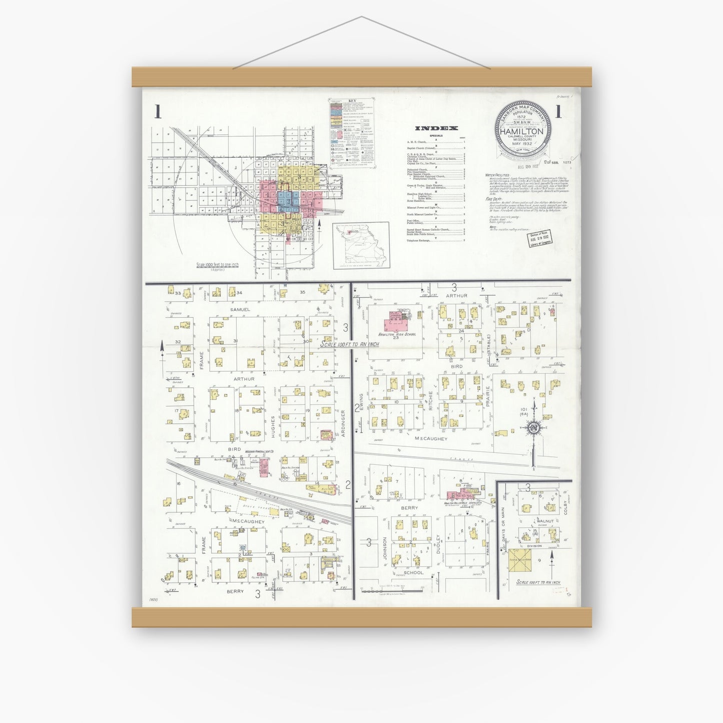Old map wall art mockup — magnetic wood frame on white wall — Sanborn Fire Insurance Map from Hamilton, Caldwell County, Missouri (1932) - Complete Map Set