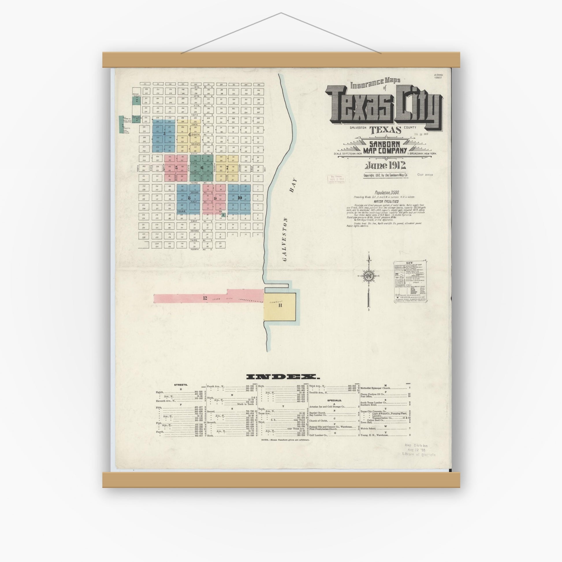 Old map wall art mockup — magnetic wood frame on white wall — Sanborn Fire Insurance Map from Texas City, Galveston County, Texas (1912) - Complete Map Set