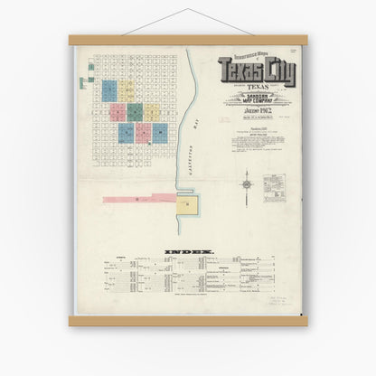 Old map wall art mockup — magnetic wood frame on white wall — Sanborn Fire Insurance Map from Texas City, Galveston County, Texas (1912) - Complete Map Set