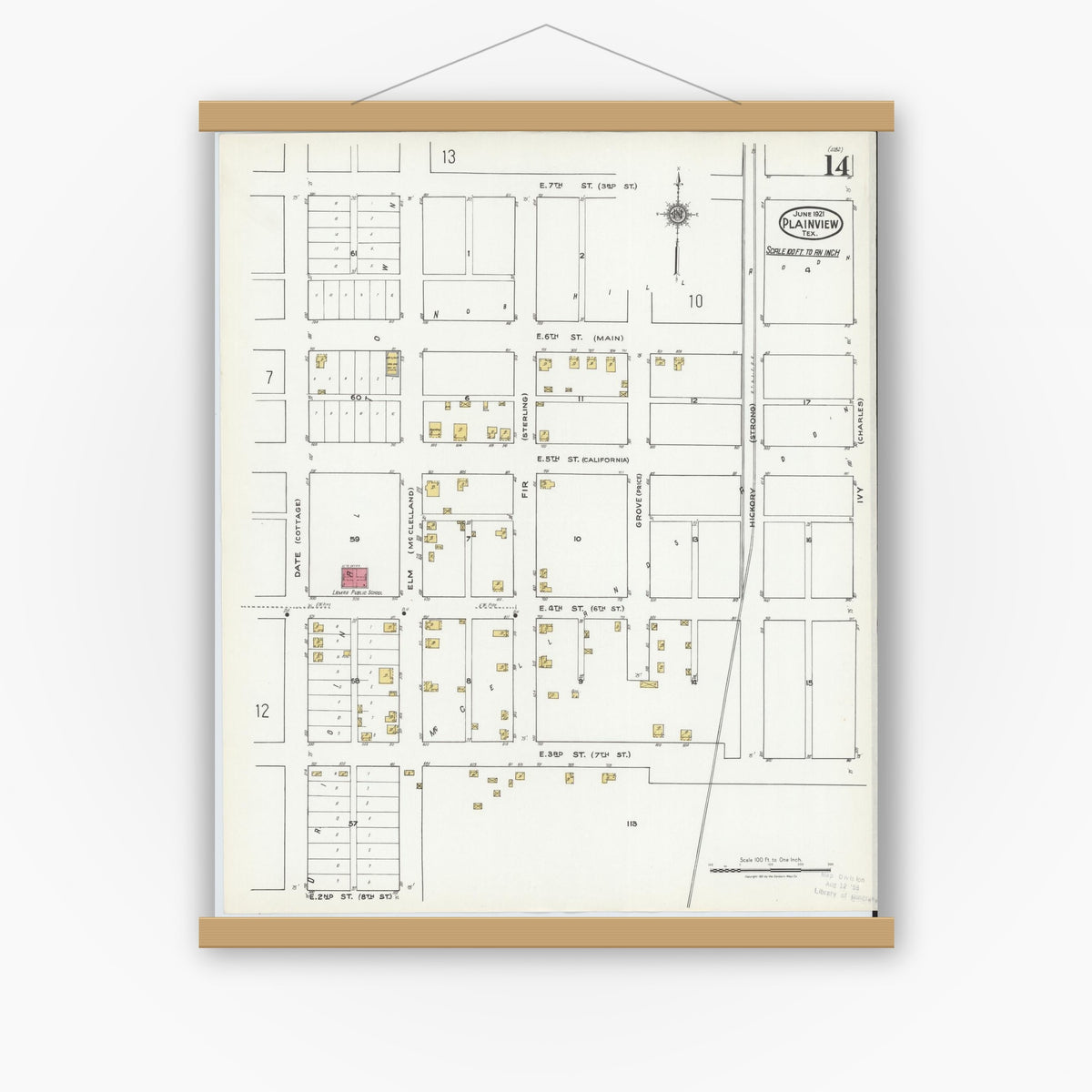 Old map wall art mockup — magnetic wood frame on white wall — Sanborn Fire Insurance Map from Plainview, Hale County, Texas (1921), Sheet #0014