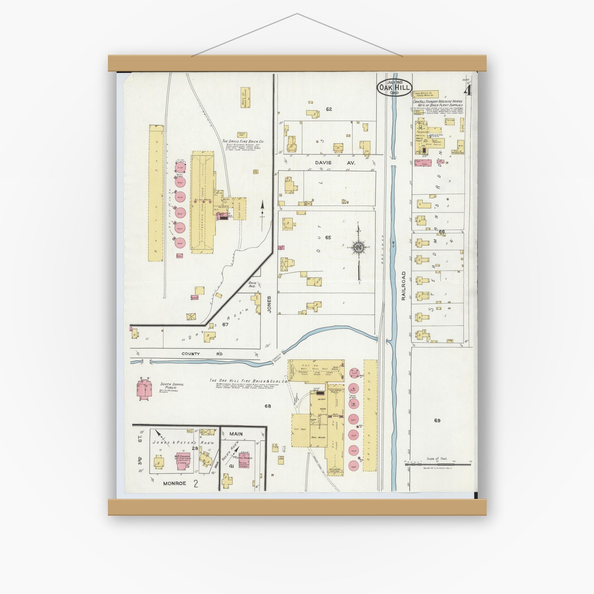 Old map wall art mockup — magnetic wood frame on white wall — Sanborn Fire Insurance Map from Oak Hill, Jackson County, Ohio (1921), Sheet #0004