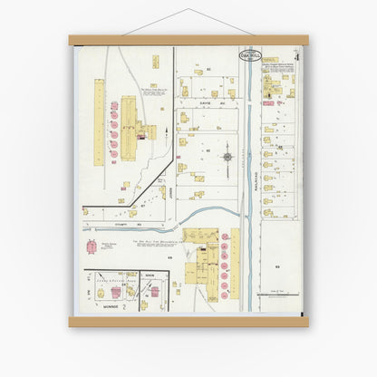 Old map wall art mockup — magnetic wood frame on white wall — Sanborn Fire Insurance Map from Oak Hill, Jackson County, Ohio (1921), Sheet #0004