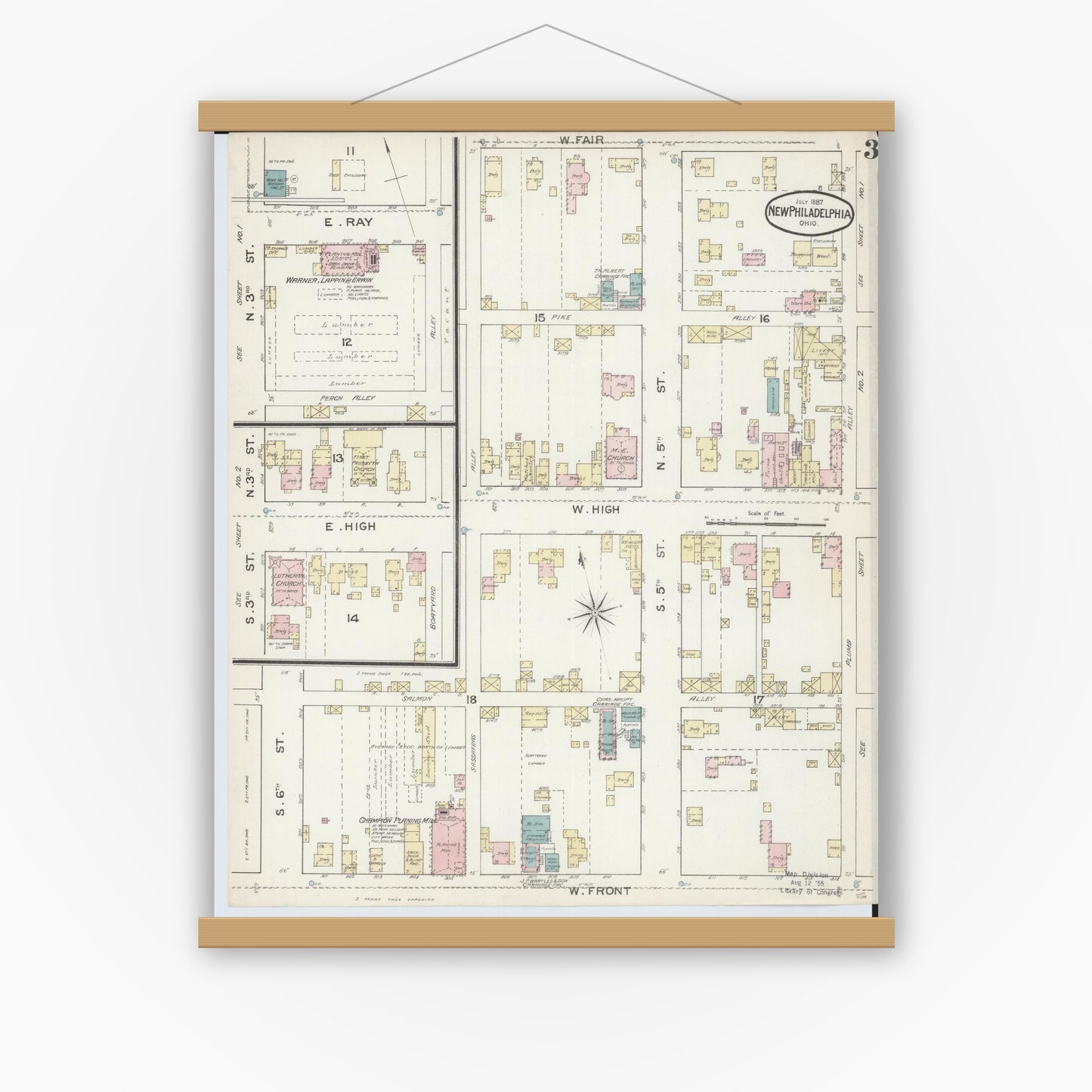 Old map wall art mockup — magnetic wood frame on white wall — Sanborn Fire Insurance Map from New Philadelphia, Tuscarawas County, Ohio (1887), Sheet #0003