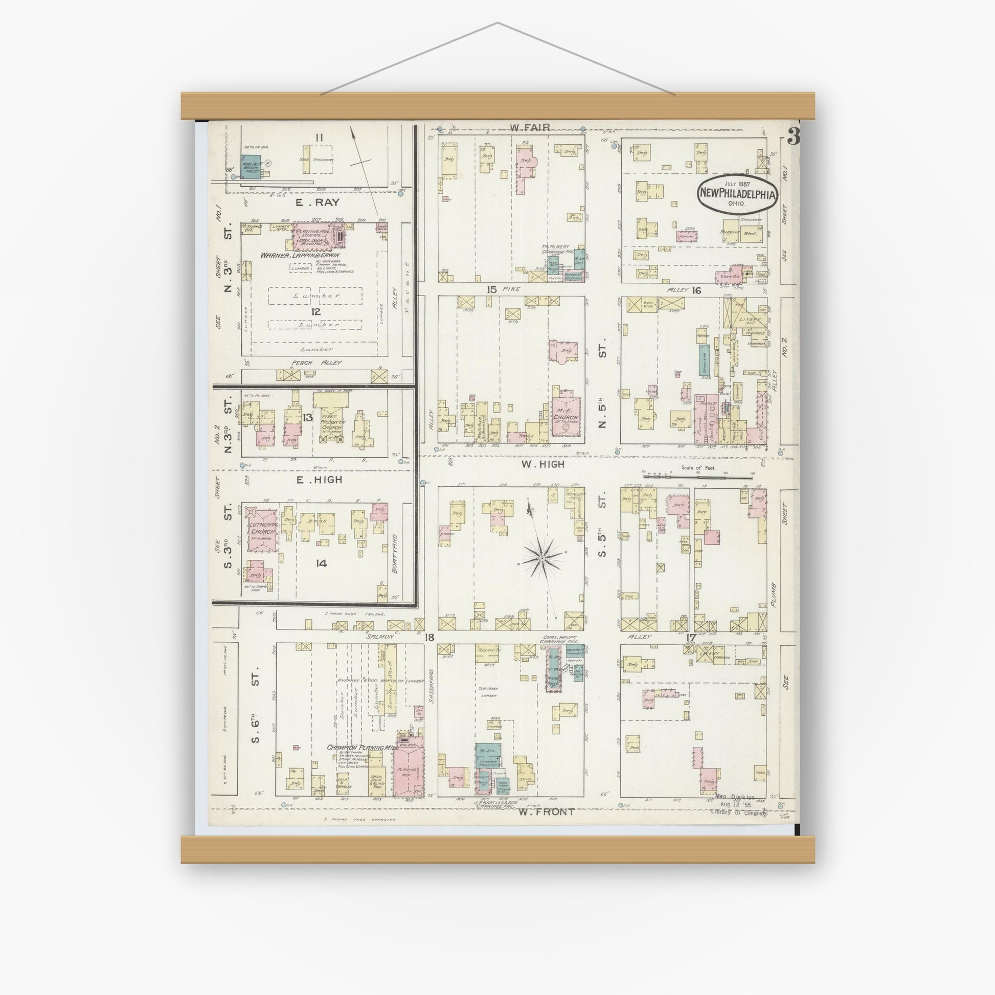 Old map wall art mockup — magnetic wood frame on white wall — Sanborn Fire Insurance Map from New Philadelphia, Tuscarawas County, Ohio (1887), Sheet #0003