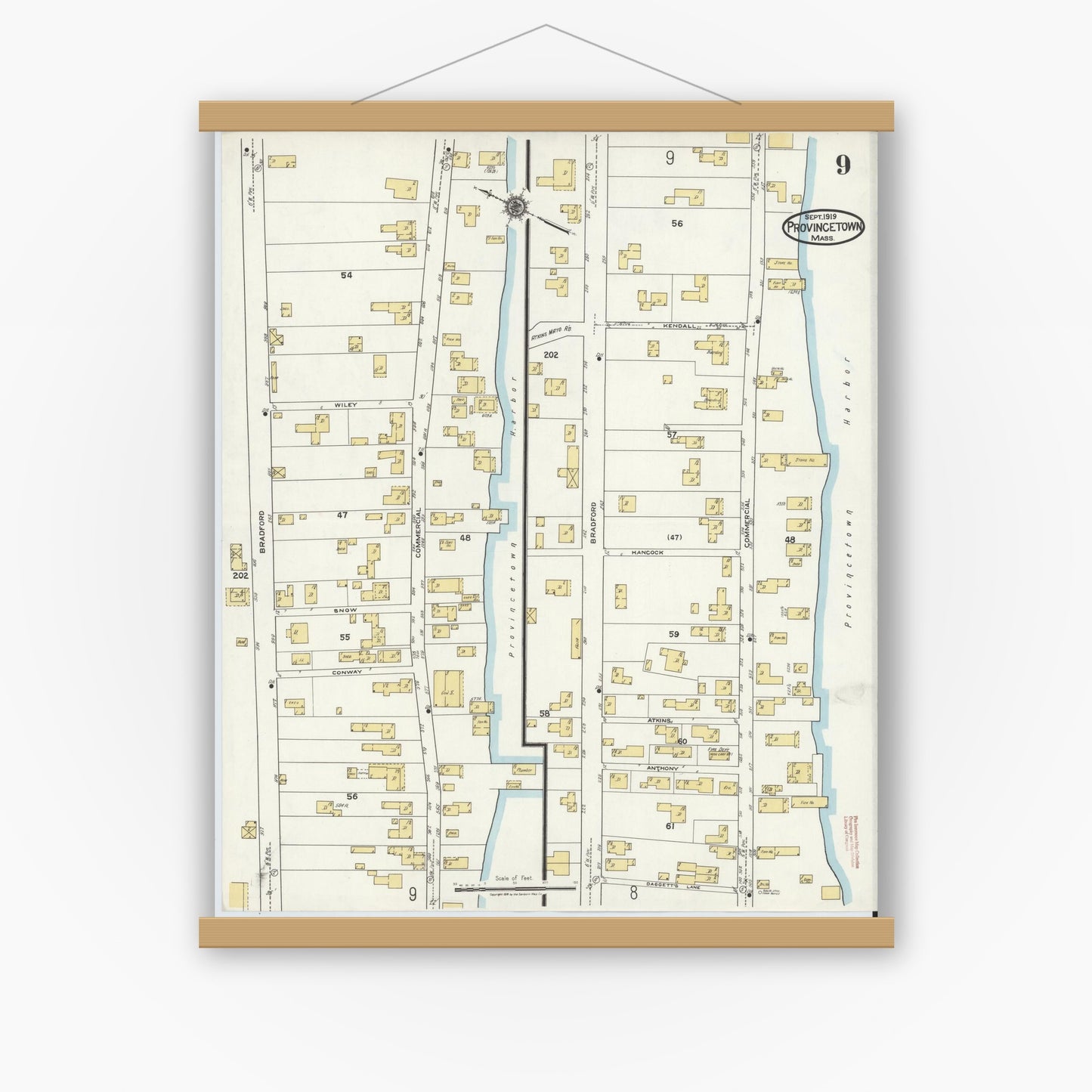 Old map wall art mockup — magnetic wood frame on white wall — Sanborn Fire Insurance Map from Provincetown, Barnstable County, Massachusetts (1919), Sheet #0009