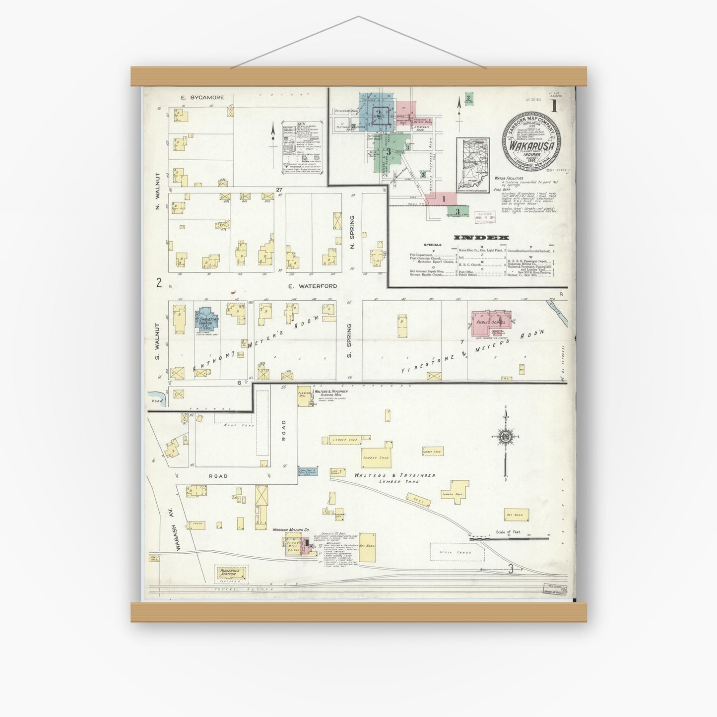 Old map wall art mockup — magnetic wood frame on white wall — Sanborn Fire Insurance Map from Wakarusa, Elkhart County, Indiana (1914) - Complete Map Set