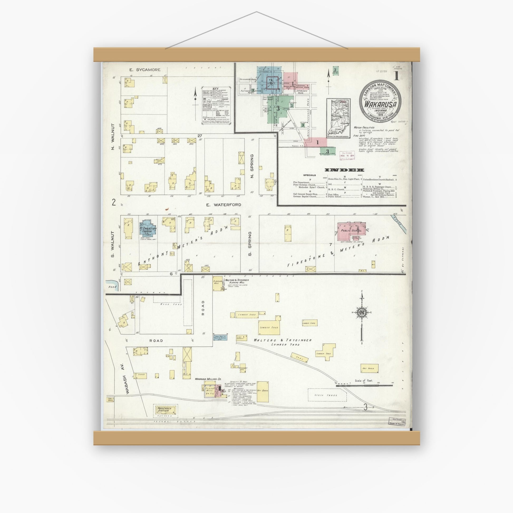 Old map wall art mockup — magnetic wood frame on white wall — Sanborn Fire Insurance Map from Wakarusa, Elkhart County, Indiana (1914) - Complete Map Set