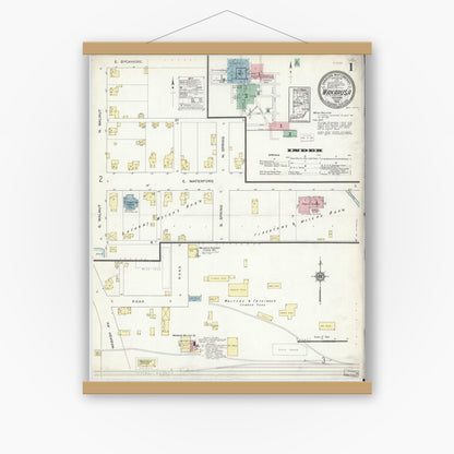 Old map wall art mockup — magnetic wood frame on white wall — Sanborn Fire Insurance Map from Wakarusa, Elkhart County, Indiana (1914) - Complete Map Set