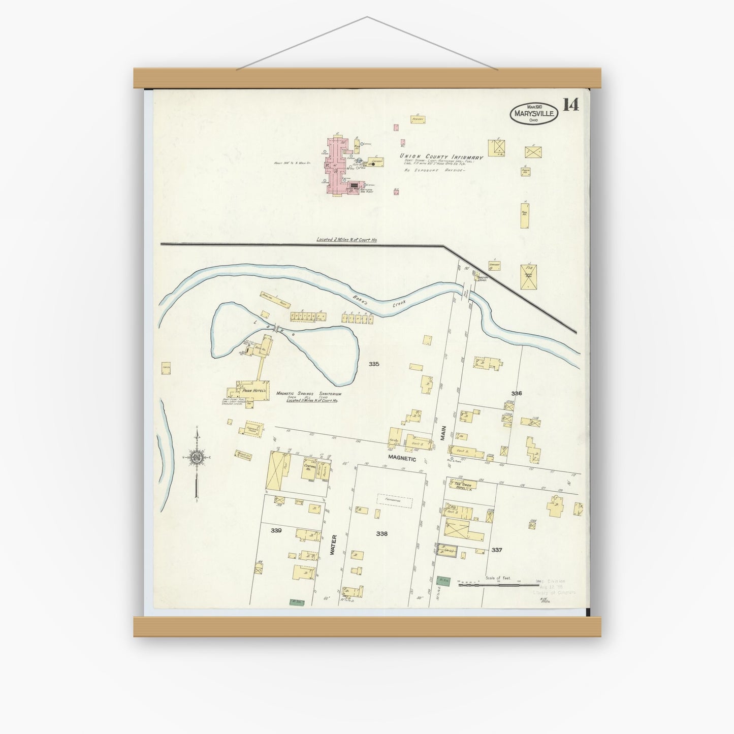Old map wall art mockup — magnetic wood frame on white wall — Sanborn Fire Insurance Map from Marysville, Union County, Ohio (1910), Sheet #0014