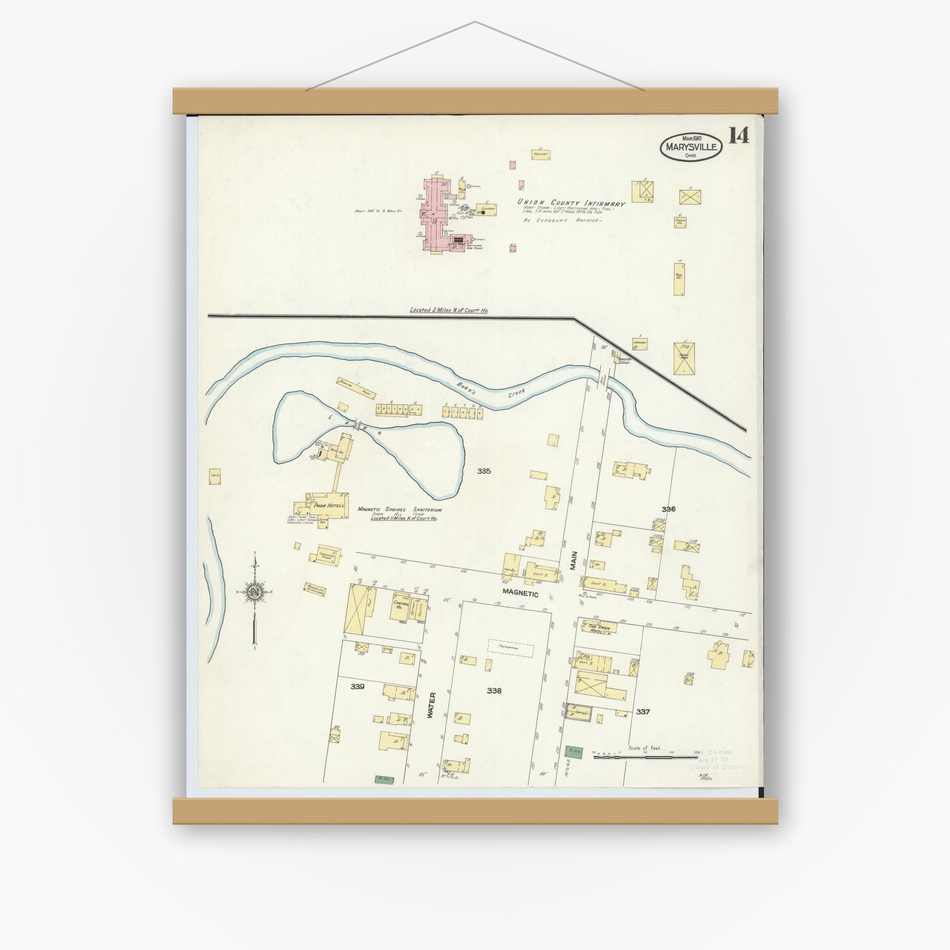 Old map wall art mockup — magnetic wood frame on white wall — Sanborn Fire Insurance Map from Marysville, Union County, Ohio (1910), Sheet #0014