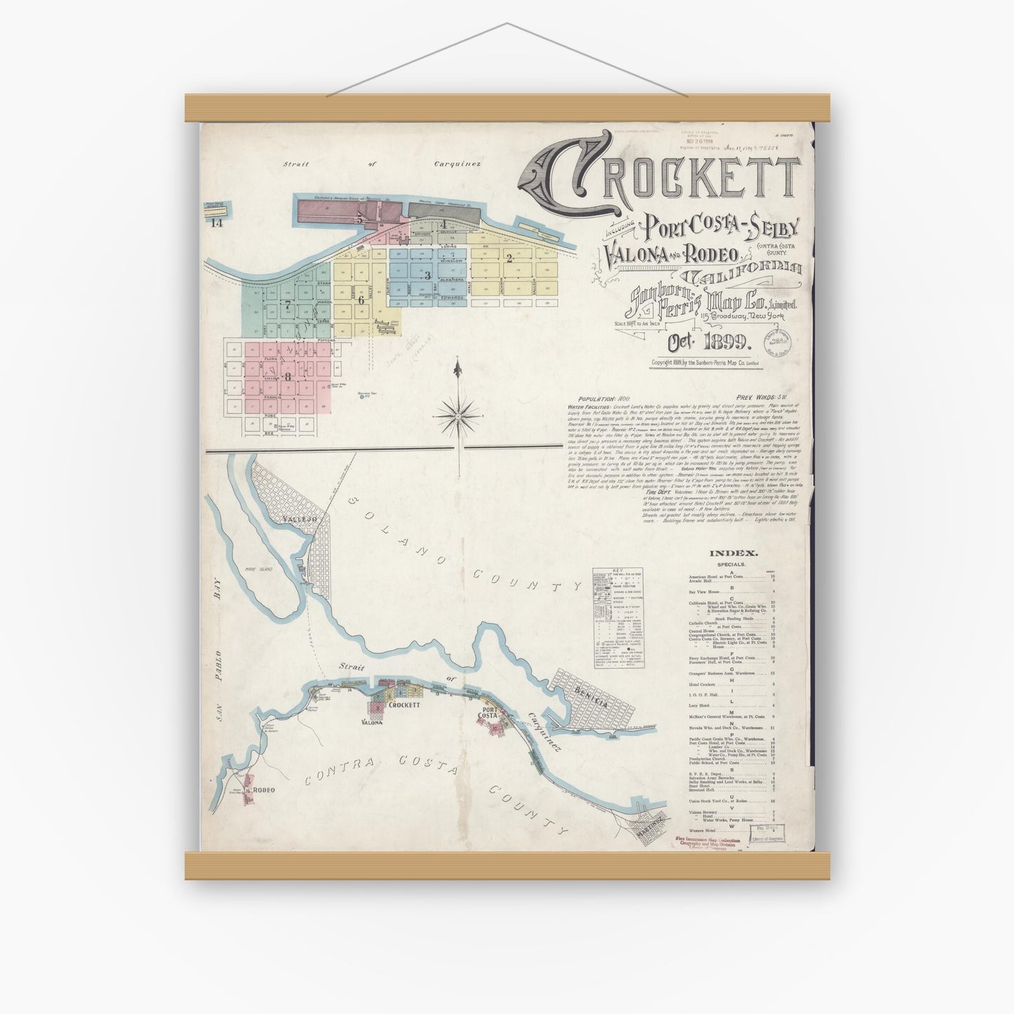 Old map wall art mockup — magnetic wood frame on white wall — Sanborn Fire Insurance Map from Crockett, Contra Costa County, California (1899), Sheet #0001