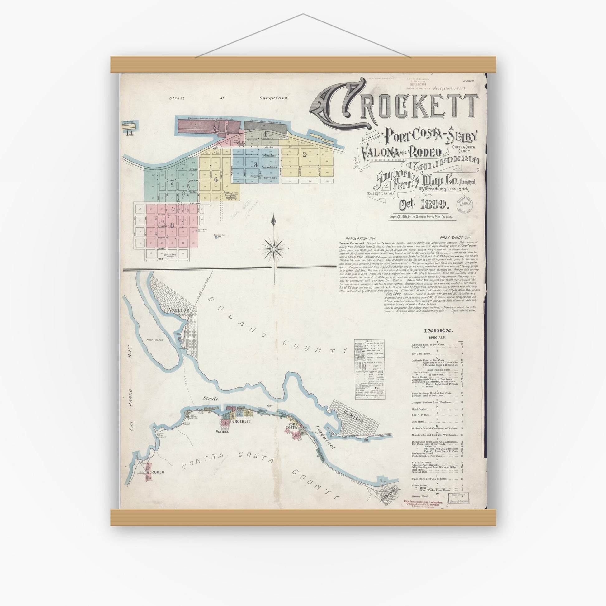 Old map wall art mockup — magnetic wood frame on white wall — Sanborn Fire Insurance Map from Crockett, Contra Costa County, California (1899), Sheet #0001