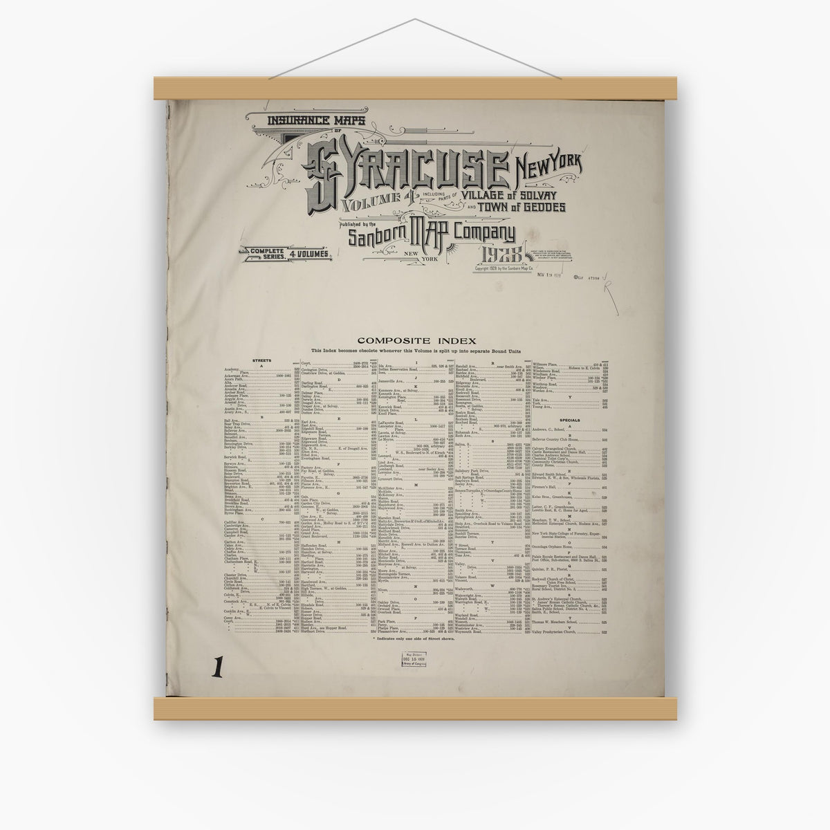 Old map wall art mockup — magnetic wood frame on white wall — Sanborn Fire Insurance Map from Syracuse, Onondage County, New York (1928), Sheet #0001