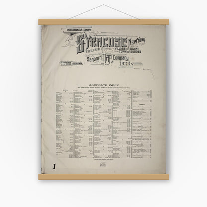 Old map wall art mockup — magnetic wood frame on white wall — Sanborn Fire Insurance Map from Syracuse, Onondage County, New York (1928), Sheet #0001
