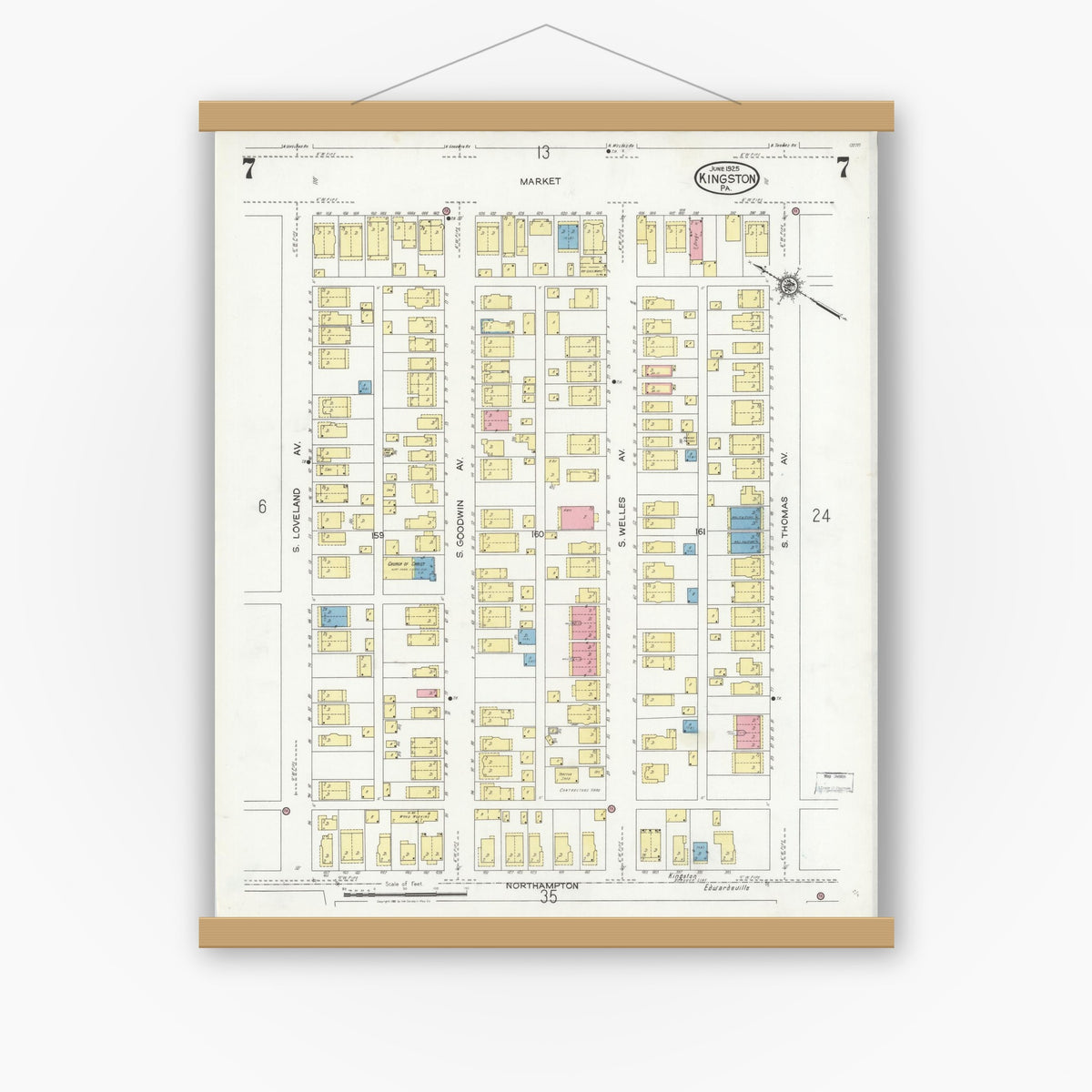 Old map wall art mockup — magnetic wood frame on white wall — Sanborn Fire Insurance Map from Kingston, Luzerne County, Pennsylvania (1925), Sheet #0007