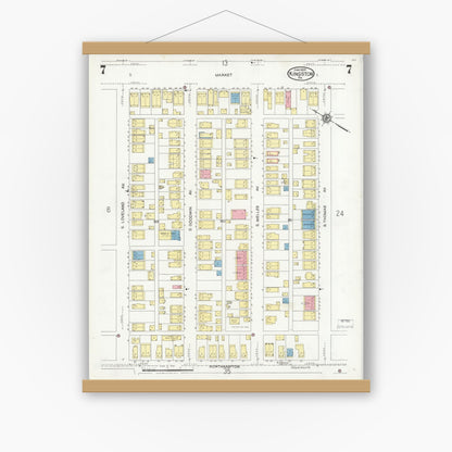 Old map wall art mockup — magnetic wood frame on white wall — Sanborn Fire Insurance Map from Kingston, Luzerne County, Pennsylvania (1925), Sheet #0007