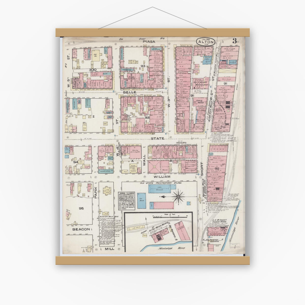 Old map wall art mockup — magnetic wood frame on white wall — Sanborn Fire Insurance Map from Alton, Madison County, Illinois (1885), Sheet #0003