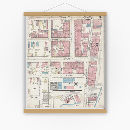 Old map wall art mockup — magnetic wood frame on white wall — Sanborn Fire Insurance Map from Alton, Madison County, Illinois (1885), Sheet #0003