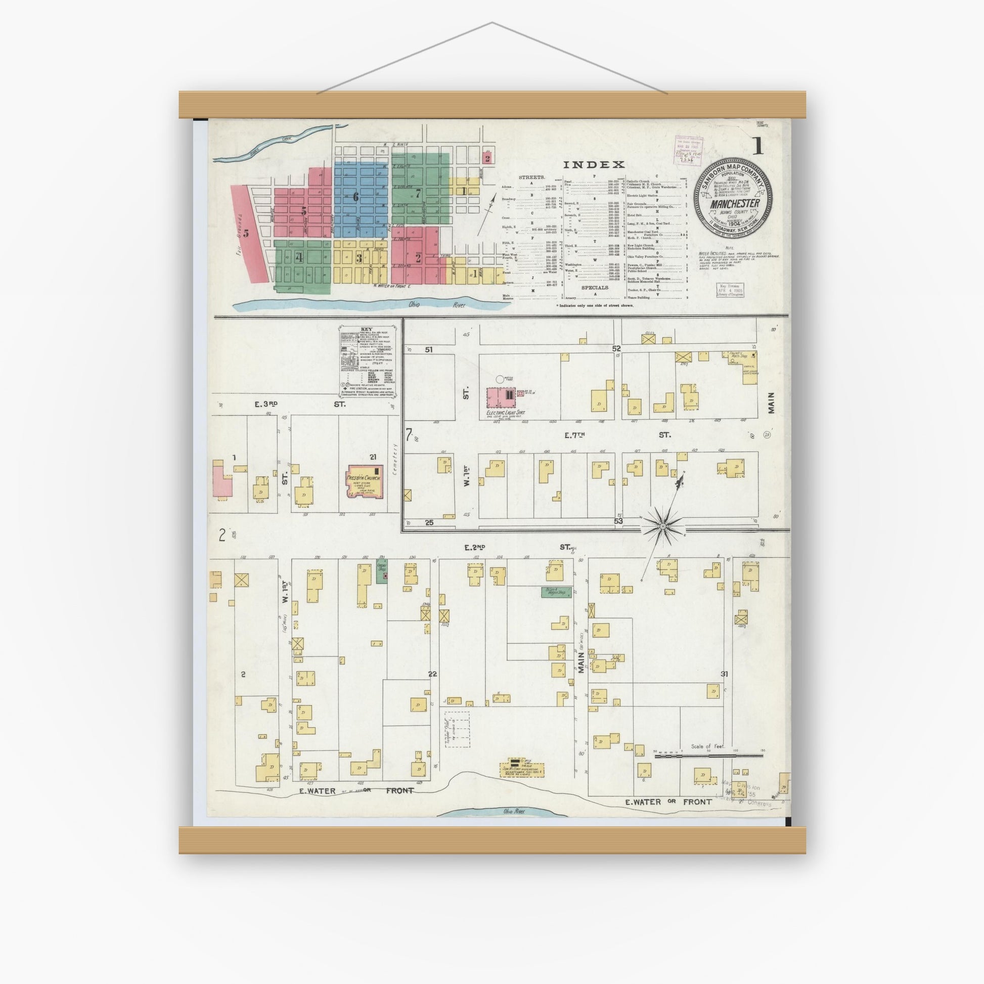 Old map wall art mockup — magnetic wood frame on white wall — Sanborn Fire Insurance Map from Manchester, Adams County, Ohio (1904) - Complete Map Set