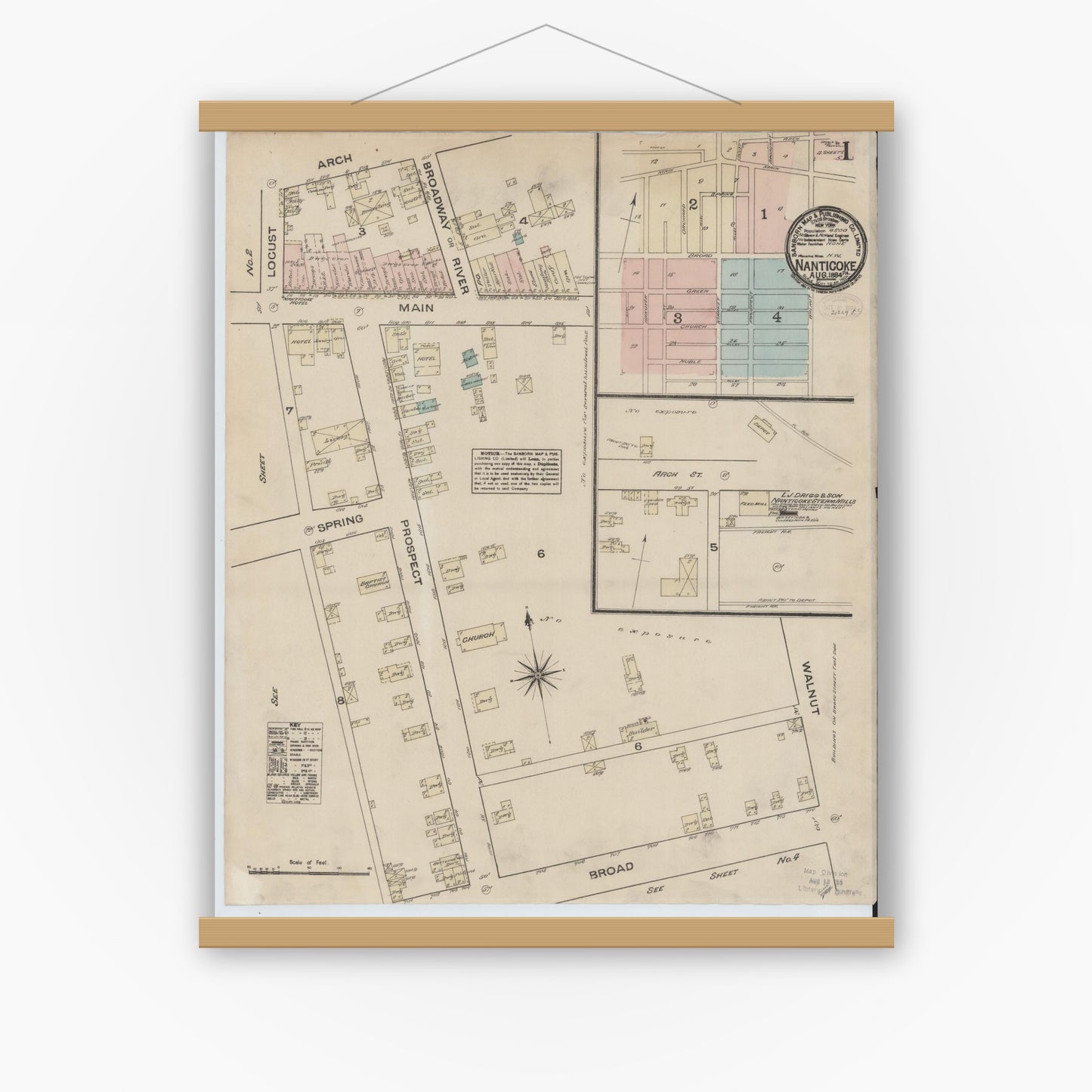 Old map wall art mockup — magnetic wood frame on white wall — Sanborn Fire Insurance Map from Nanticoke, Luzerne County, Pennsylvania (1884), Sheet #0001