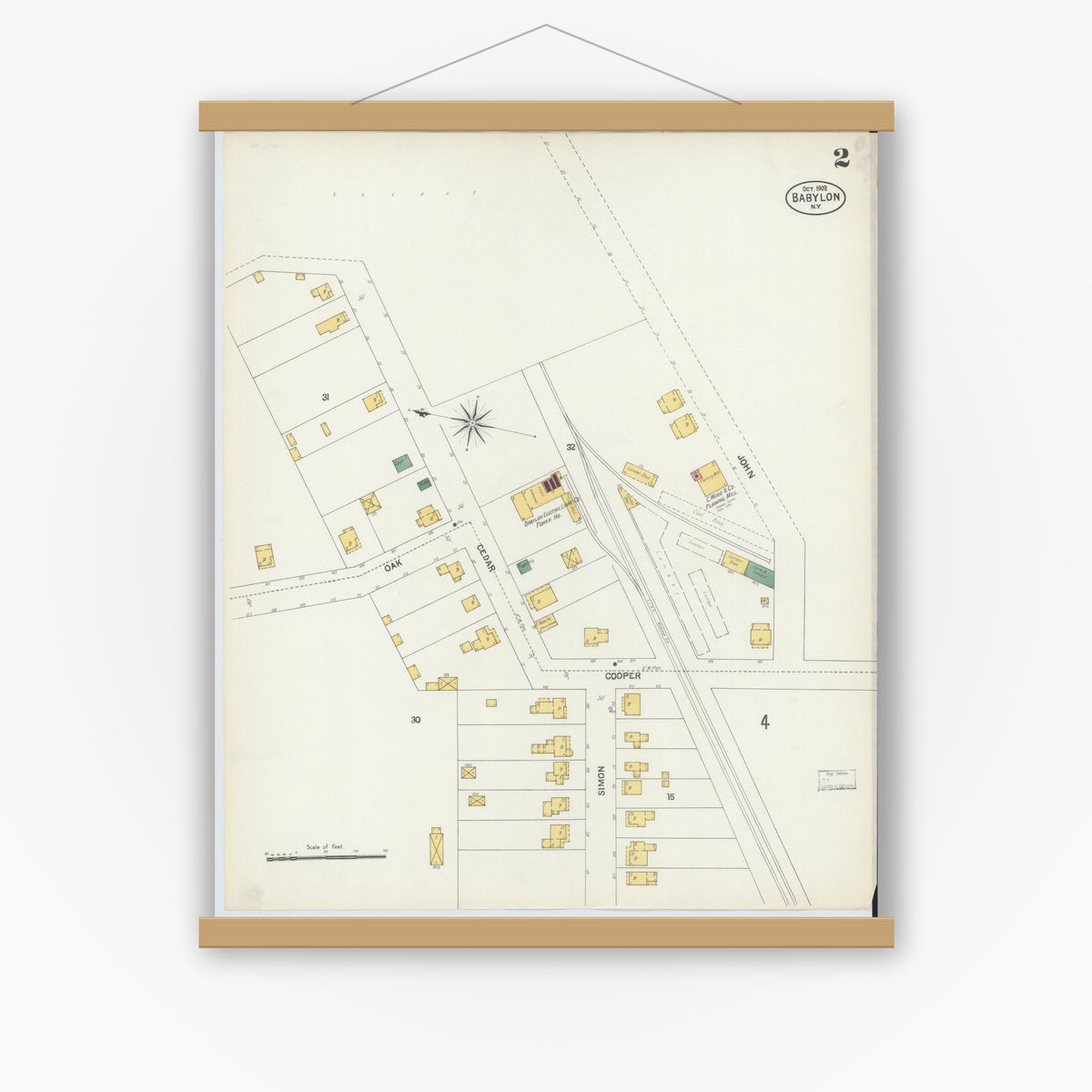 Old map wall art mockup — magnetic wood frame on white wall — Sanborn Fire Insurance Map from Babylon, Suffolk County, New York (1902), Sheet #0002
