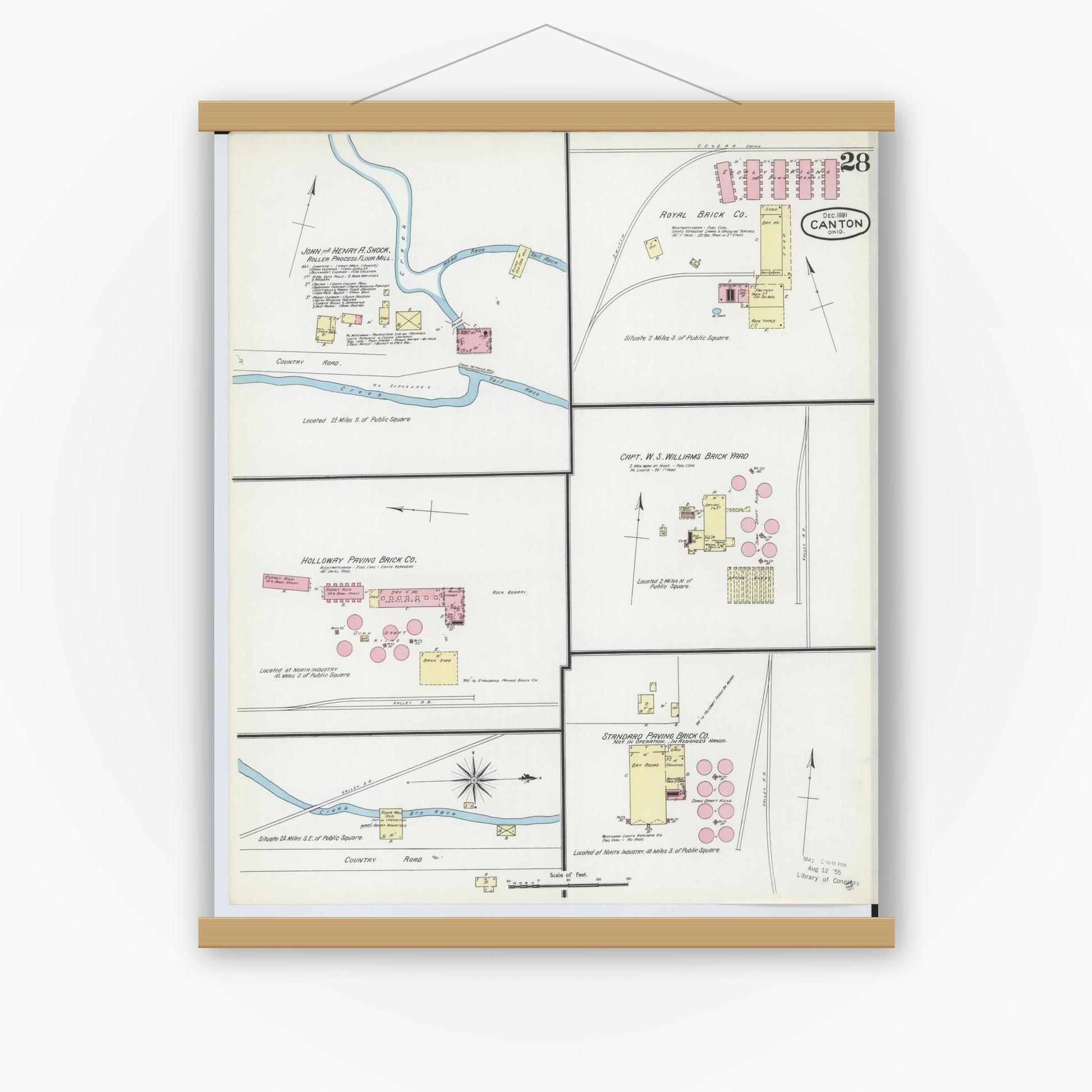 Old map wall art mockup — magnetic wood frame on white wall — Sanborn Fire Insurance Map from Canton, Stark County, Ohio (1891), Sheet #0028