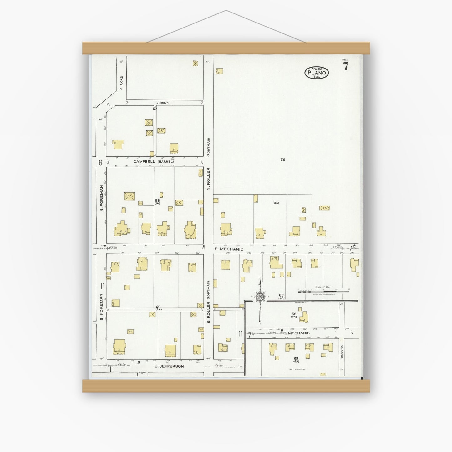 Old map wall art mockup — magnetic wood frame on white wall — Sanborn Fire Insurance Map from Plano, Collin County, Texas (1921), Sheet #0007