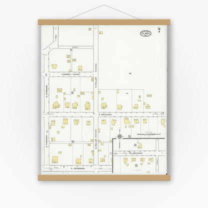 Old map wall art mockup — magnetic wood frame on white wall — Sanborn Fire Insurance Map from Plano, Collin County, Texas (1921), Sheet #0007