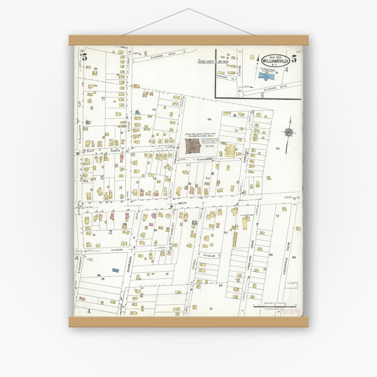 Old map wall art mockup — magnetic wood frame on white wall — Sanborn Fire Insurance Map from Williamsville, Erie County, New York (1923), Sheet #0005