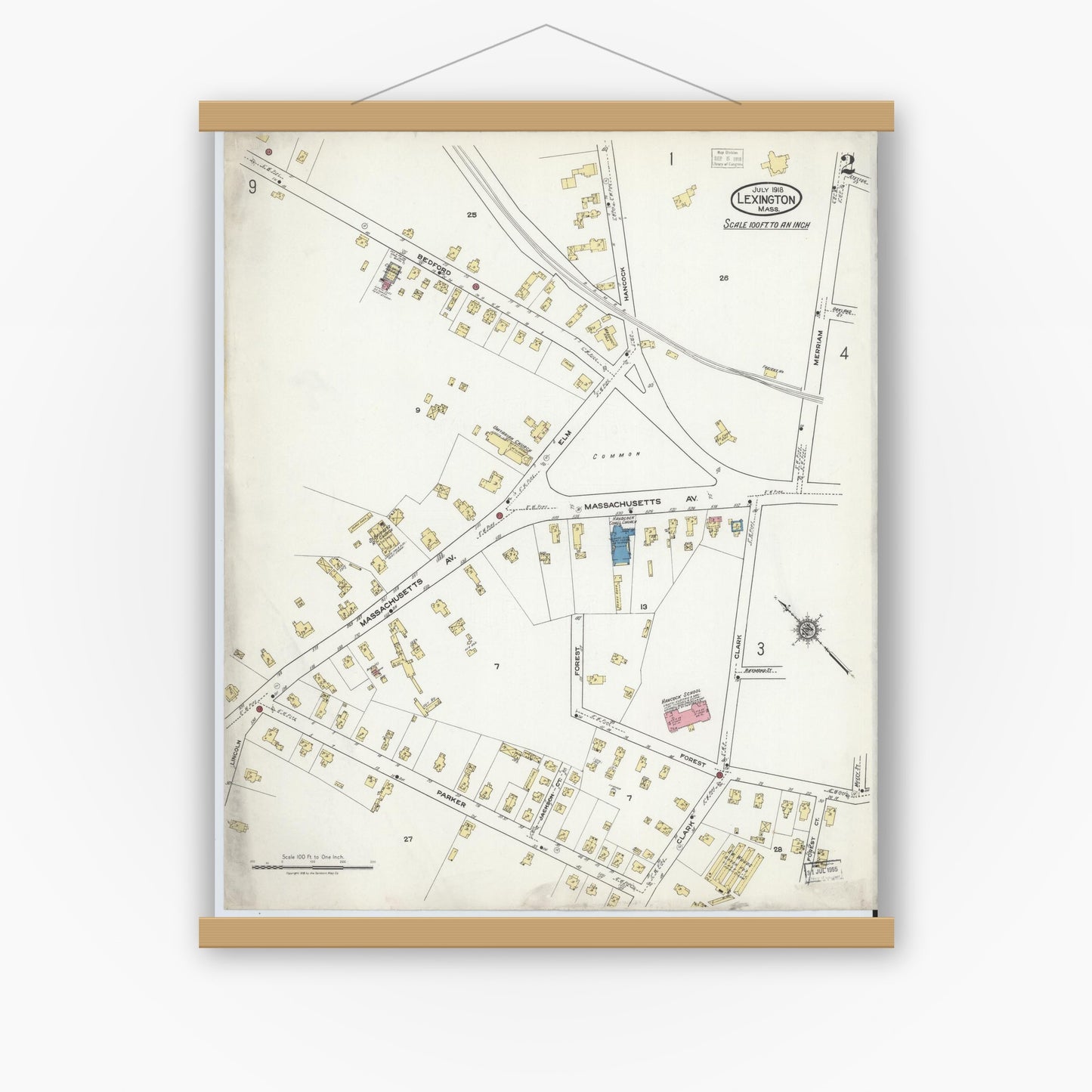 Old map wall art mockup — magnetic wood frame on white wall — Sanborn Fire Insurance Map from Lexington, Middlesex County, Massachusetts (1918), Sheet #0002