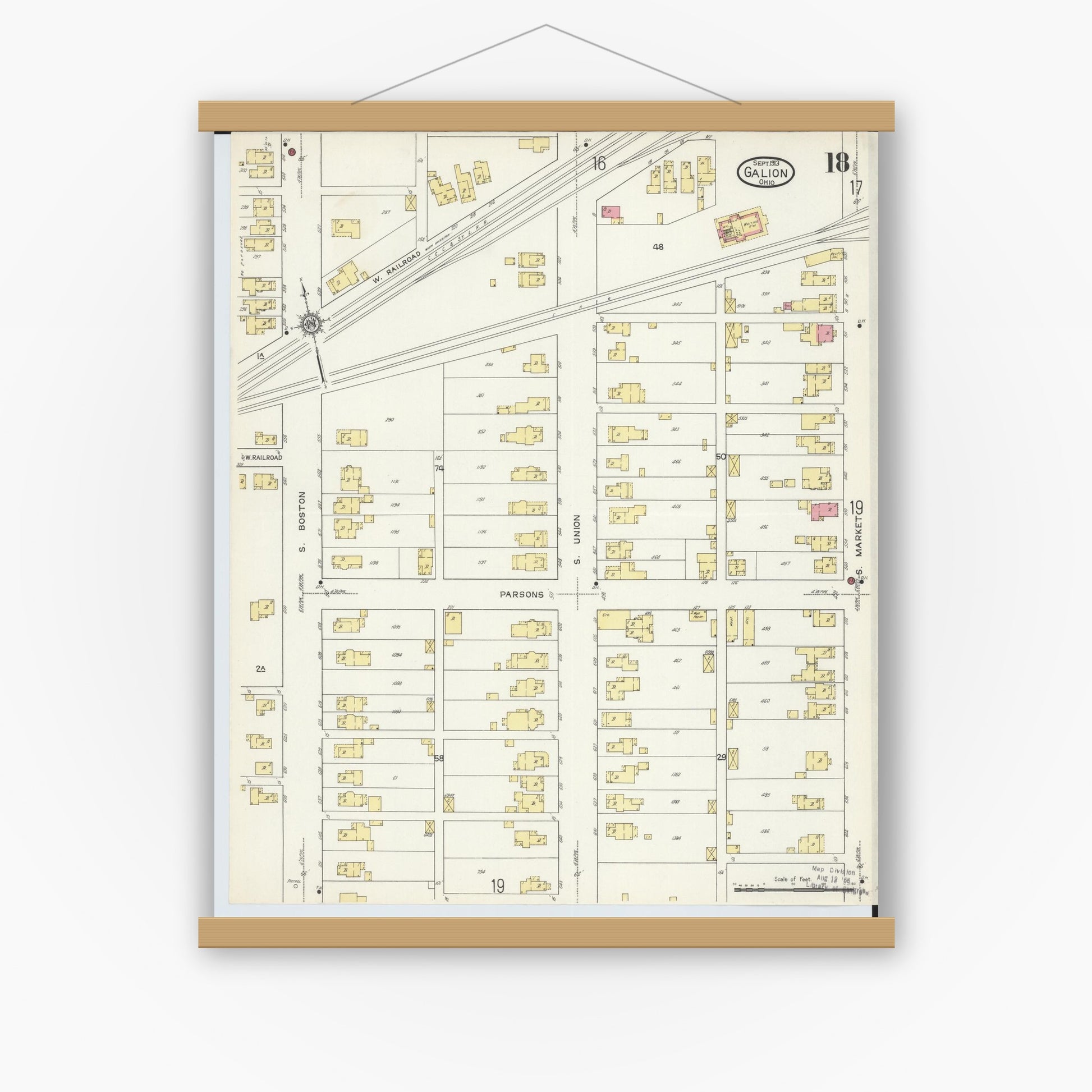 Old map wall art mockup — magnetic wood frame on white wall — Sanborn Fire Insurance Map from Galion, Crawford County, Ohio (1913), Sheet #0018