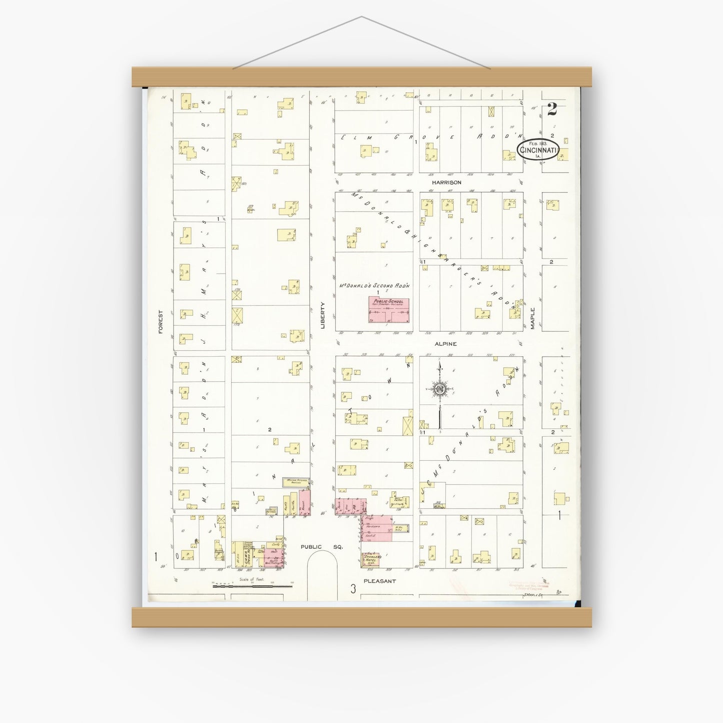 Old map wall art mockup — magnetic wood frame on white wall — Sanborn Fire Insurance Map from Cincinnati, Appanoose County, Iowa (1913), Sheet #0002