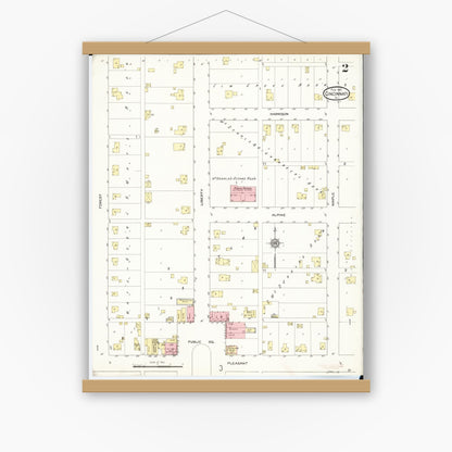 Old map wall art mockup — magnetic wood frame on white wall — Sanborn Fire Insurance Map from Cincinnati, Appanoose County, Iowa (1913), Sheet #0002