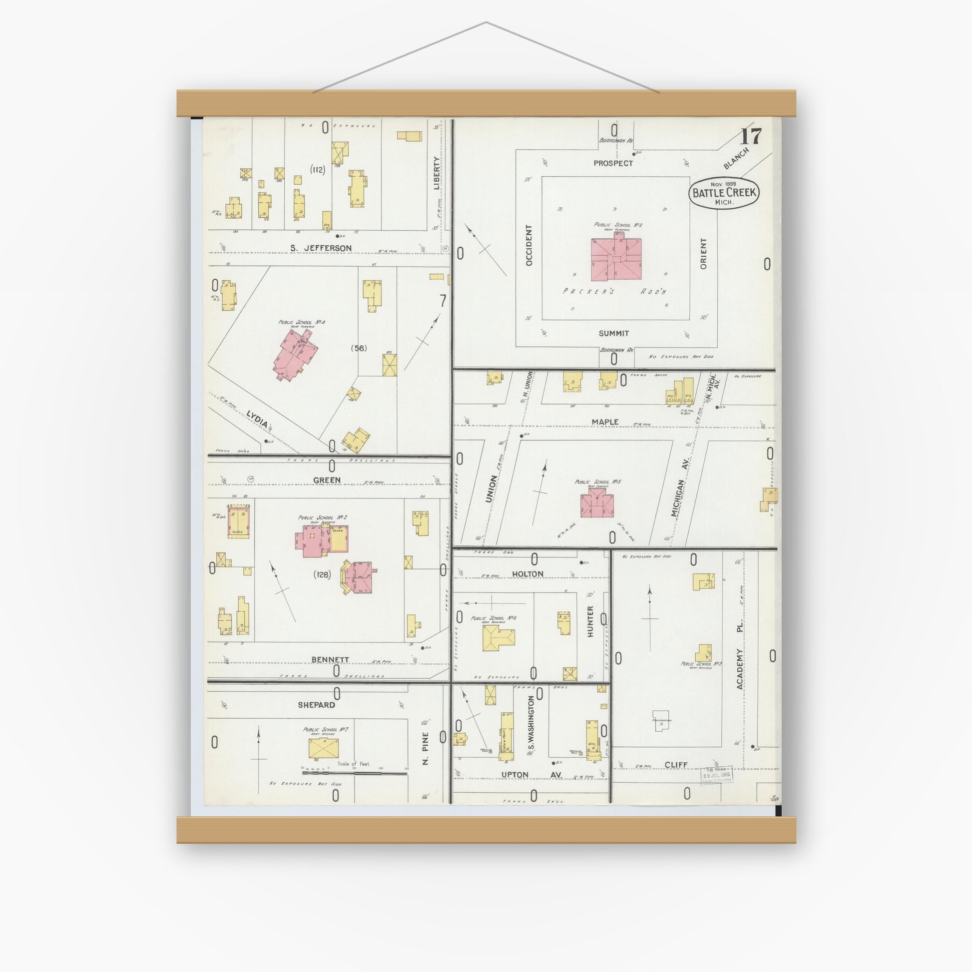 Old map wall art mockup — magnetic wood frame on white wall — Sanborn Fire Insurance Map from Battle Creek, Calhoun County, Michigan (1899), Sheet #0017