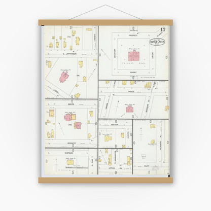 Old map wall art mockup — magnetic wood frame on white wall — Sanborn Fire Insurance Map from Battle Creek, Calhoun County, Michigan (1899), Sheet #0017