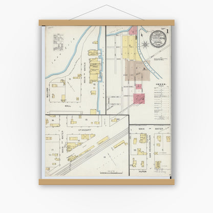 Old map wall art mockup — magnetic wood frame on white wall — Sanborn Fire Insurance Map from Huron, Erie County, Ohio (1893) - Complete Map Set