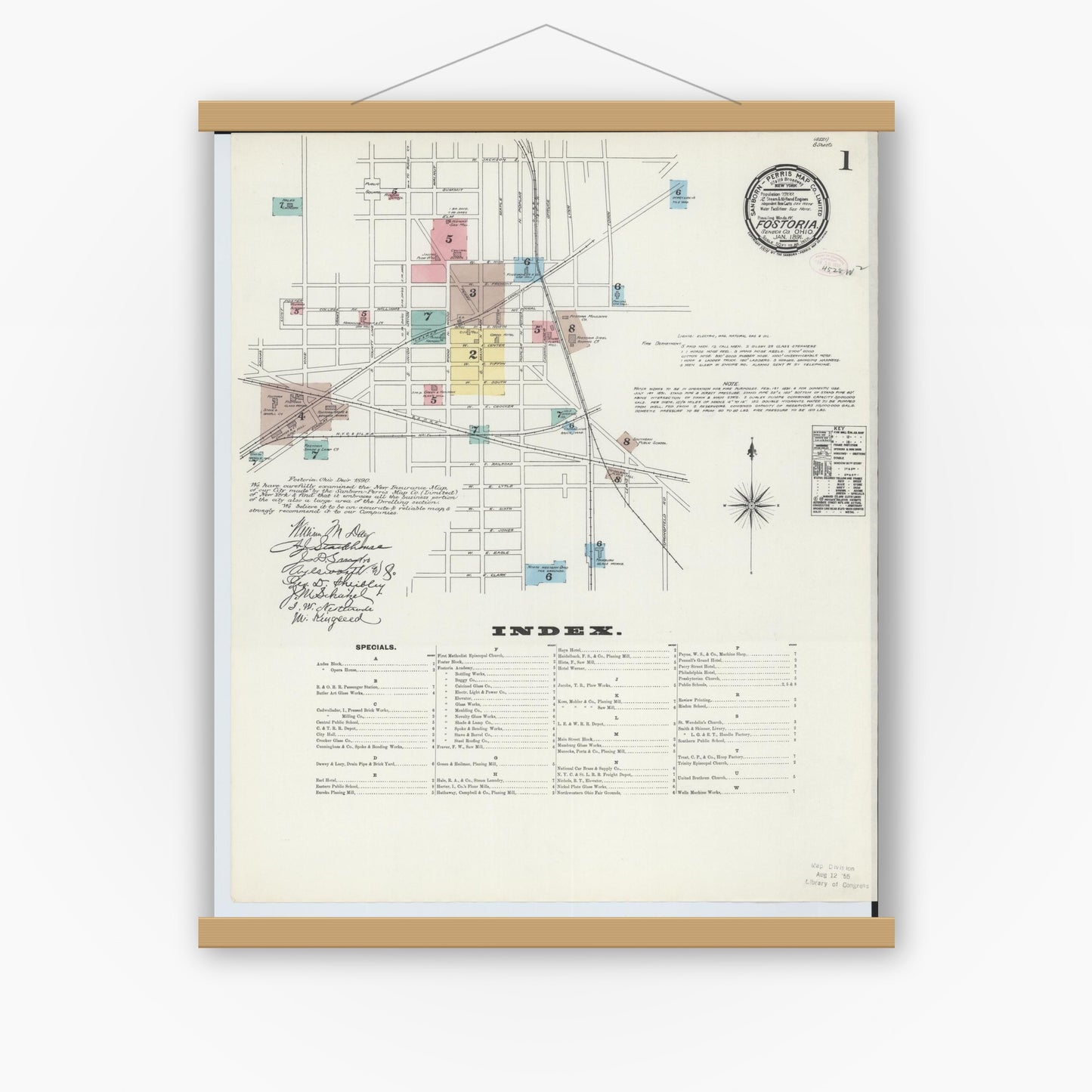 Old map wall art mockup — magnetic wood frame on white wall — Sanborn Fire Insurance Map from Fostoria, Seneca, Hancock, And Wood Counties, Ohio (1891), Sheet #0001